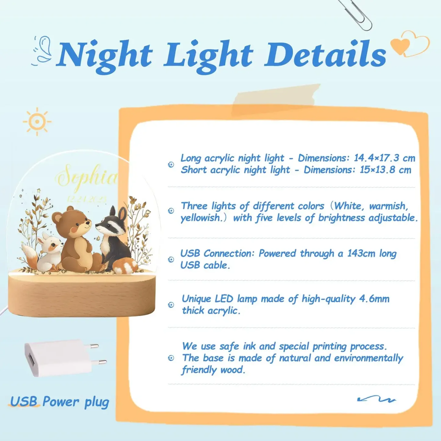 Woodland Animals Personalized Night Light – Custom Acrylic Baby Gift for Nursery Decor