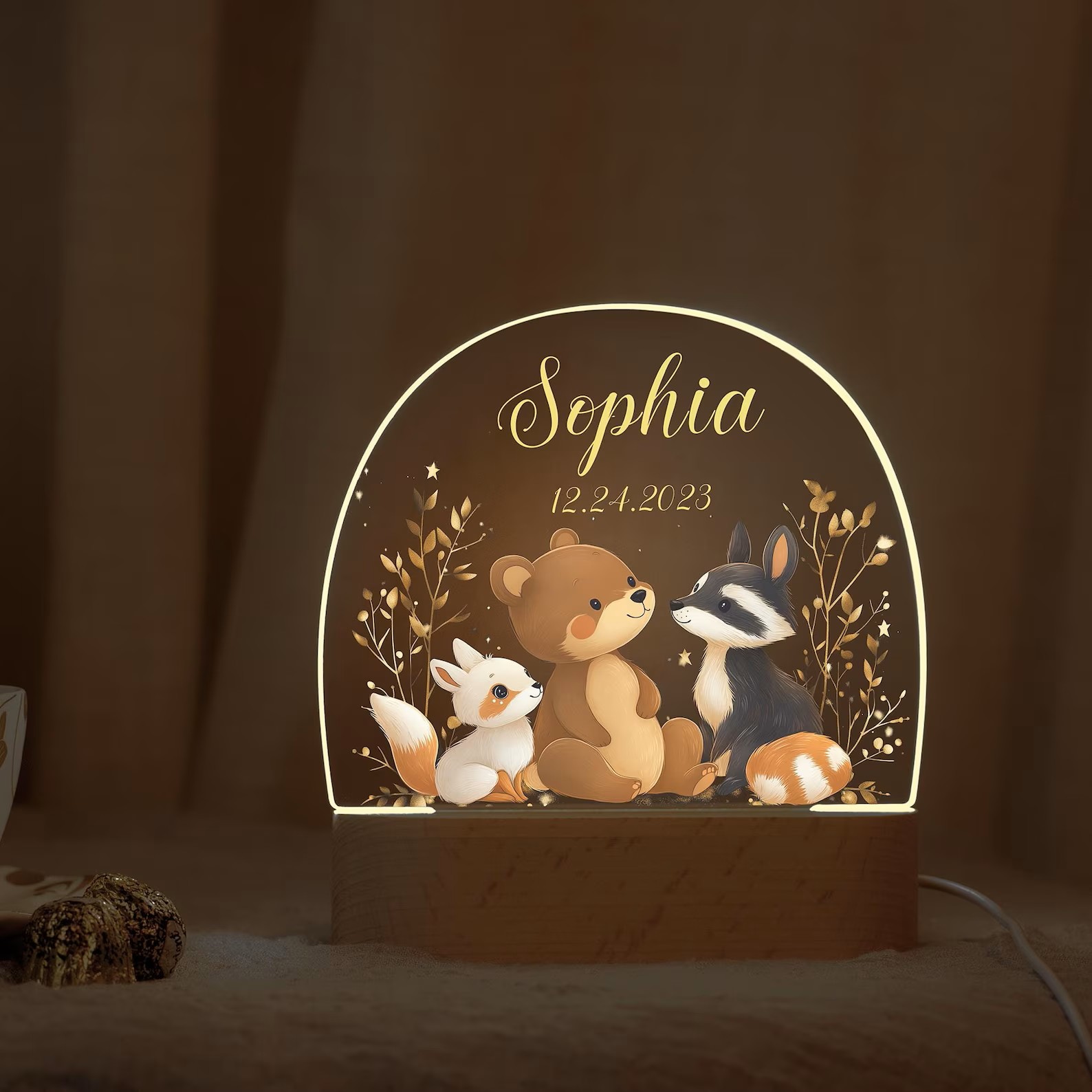 Woodland Animals Personalized Night Light – Custom Acrylic Baby Gift for Nursery Decor