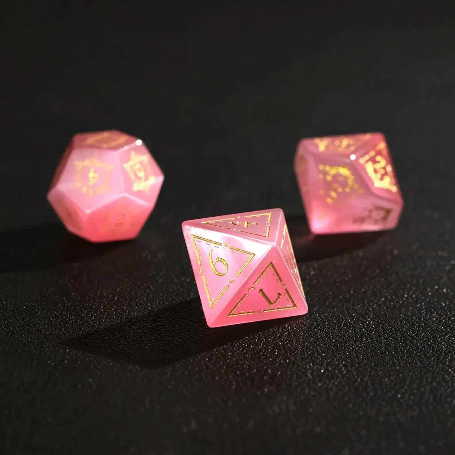 Pink Cat's Eye DND Dice Set – Hand-Carved Gemstone Polyhedral Dice for RPG