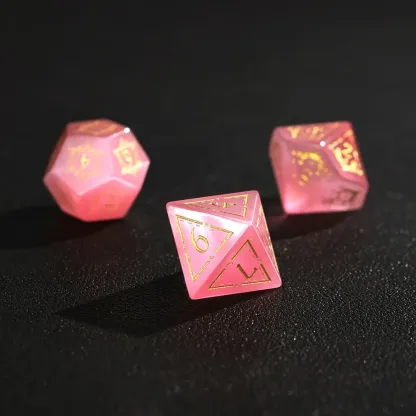 Pink Cat's Eye DND Dice Set – Hand-Carved Gemstone Polyhedral Dice for RPG