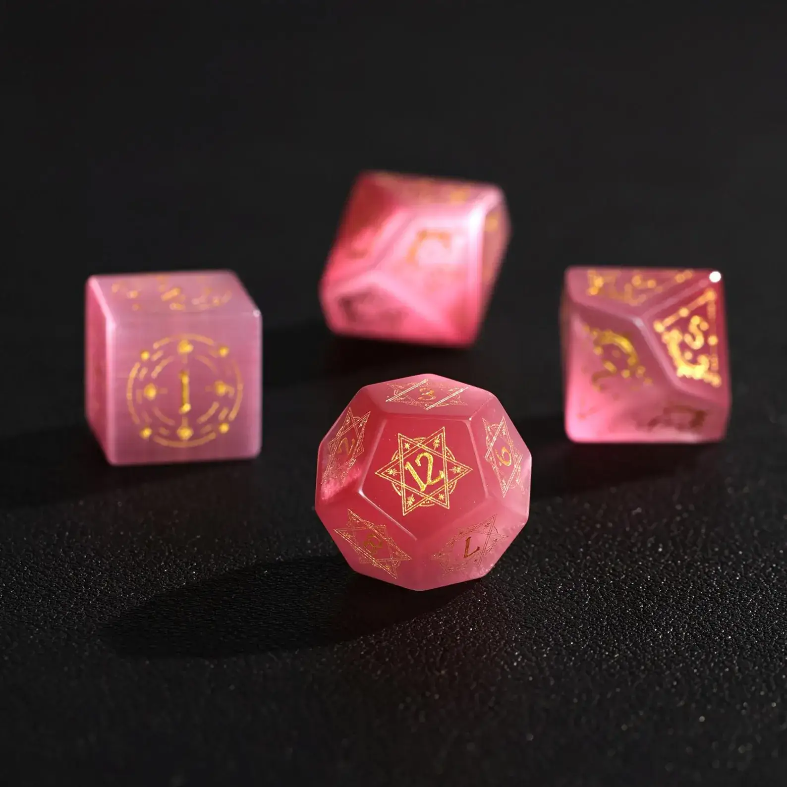 Pink Cat's Eye DND Dice Set – Hand-Carved Gemstone Polyhedral Dice for RPG