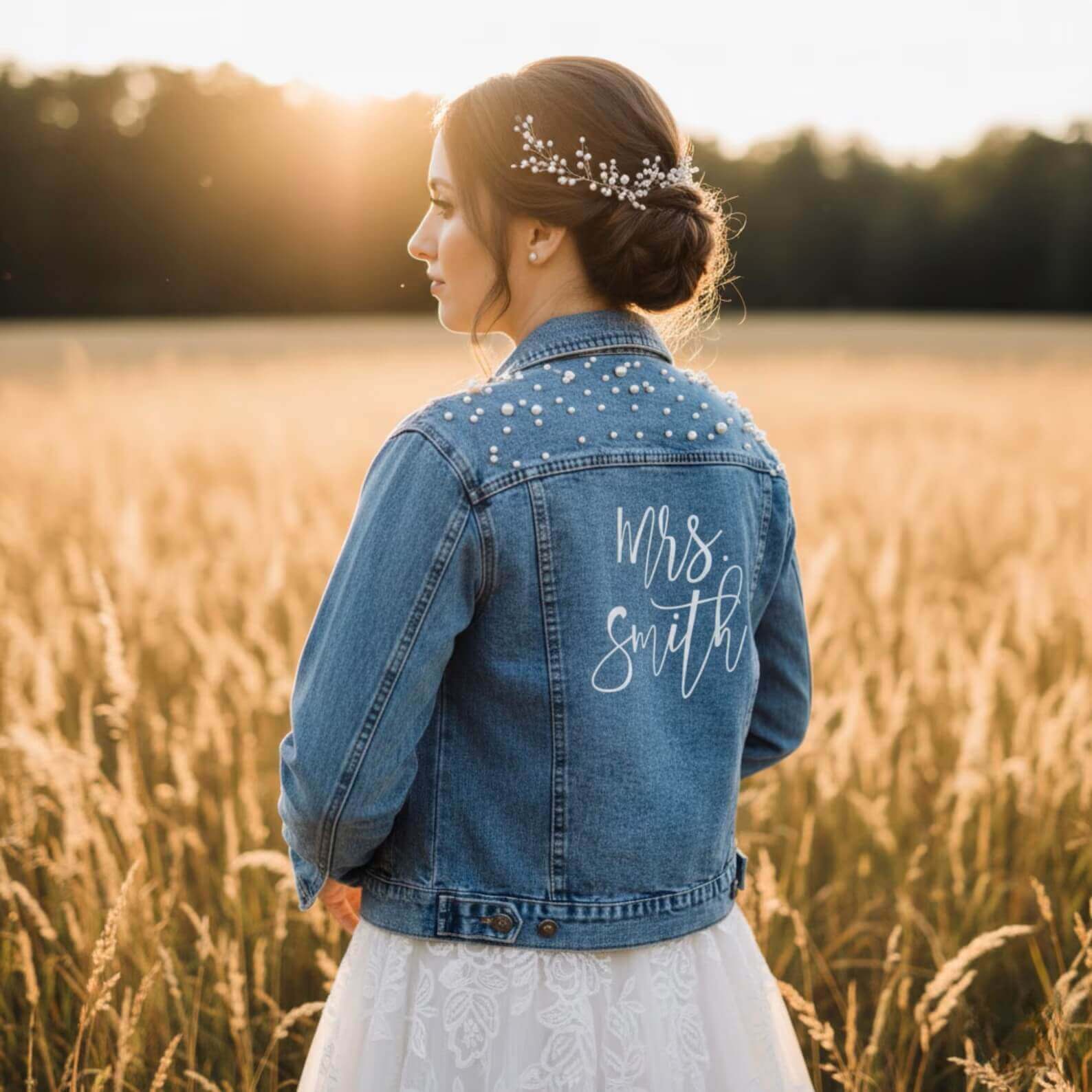 Embroidered Bride Denim Jacket – Custom Pearl Wedding Jacket