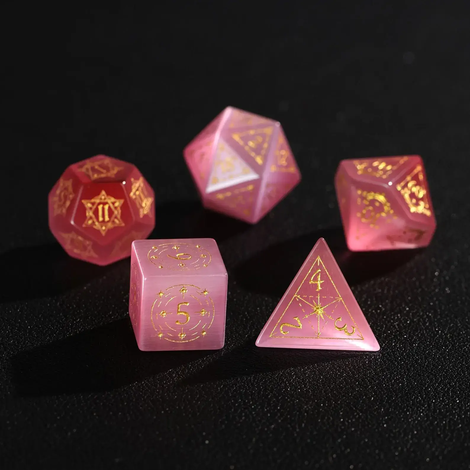 Pink Cat's Eye DND Dice Set – Hand-Carved Gemstone Polyhedral Dice for RPG