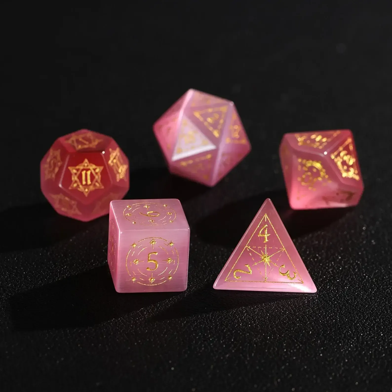 Pink Cat's Eye DND Dice Set – Hand-Carved Gemstone Polyhedral Dice for RPG