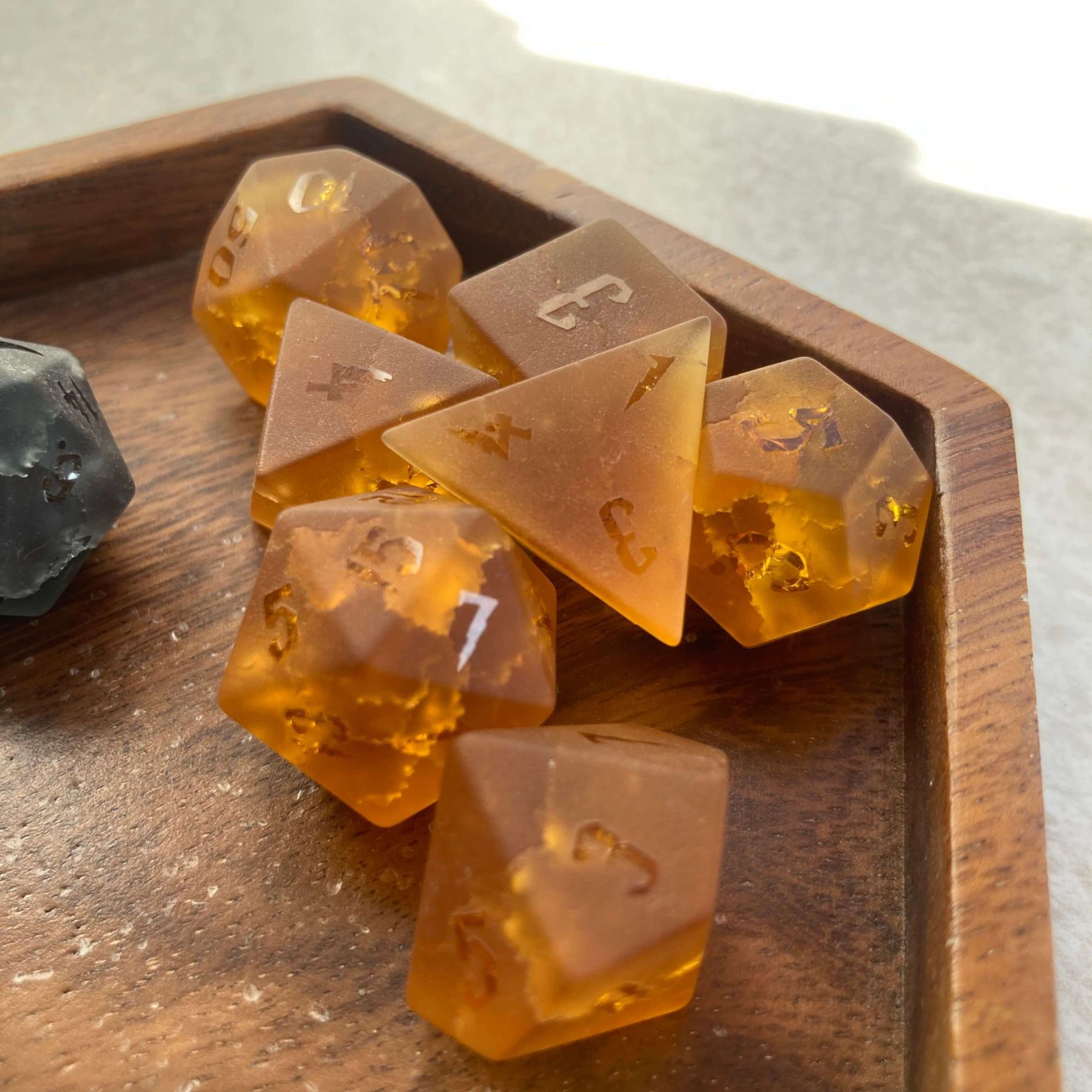 Orange Glass Sharp Edge D&D Dice Set, Dungeons and Dragons Polyhedral RPG Gemstone Dice Set