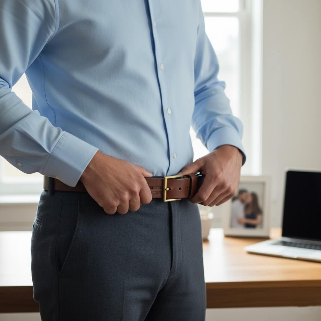 Man fastening a custom leather belt in a casual business setting, highlighting the daily use and stylish utility of the personalized anniversary gift.