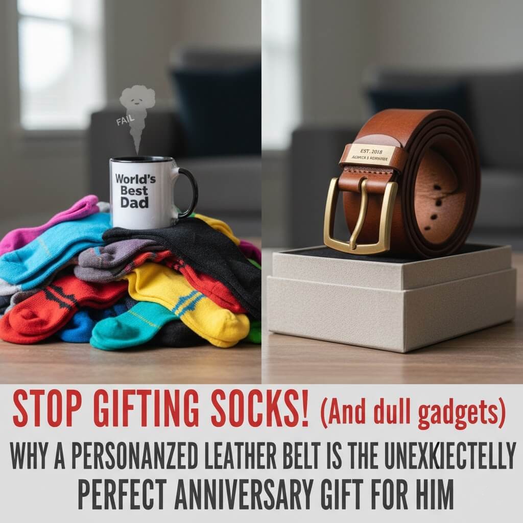 Personalized Leather Belt for Anniversary comparison, showing socks and mugs vs. high-quality custom engraved leather belt gift.