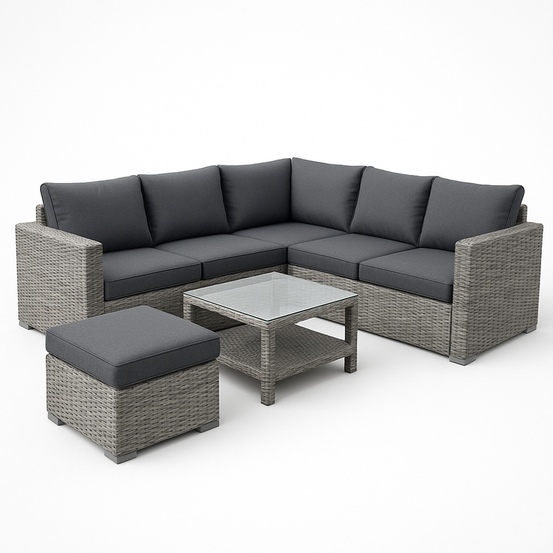 Sofá de Esquina de Ratán Sintético Gris con Cojines de Poliéster Gris Oscuro y Mesa con Cristal Templado