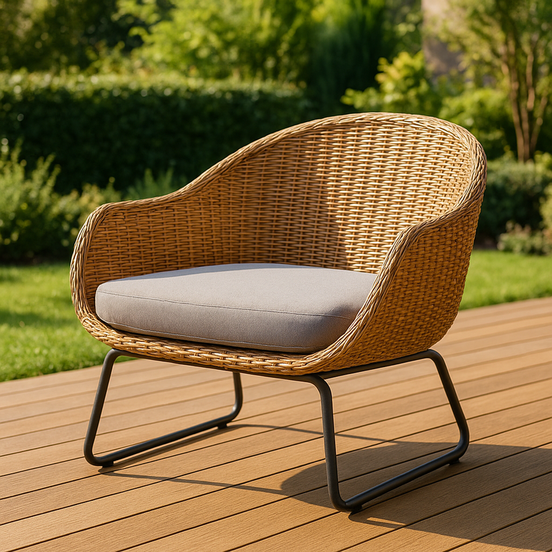 Silla de exterior de ratán sintético con cojín gris y estructura de acero 75cm x 65cm x 70cm