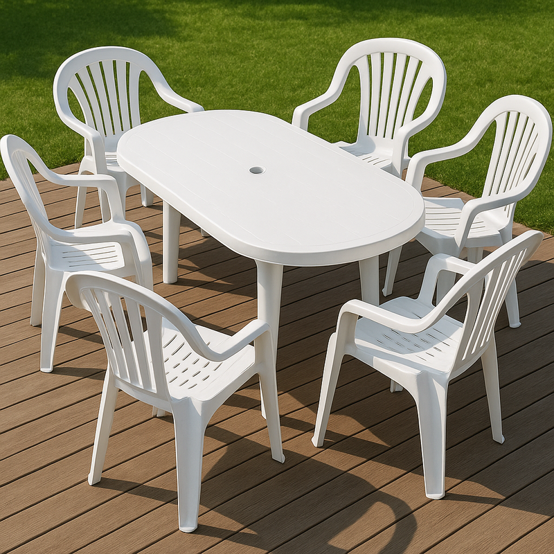 Conjunto de muebles de exterior blanco con mesa ovalada y 6 sillas