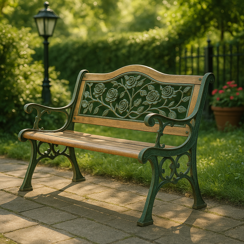 Banco de jardín de hierro fundido con respaldo de flores y madera de eucalipto 120 cm
