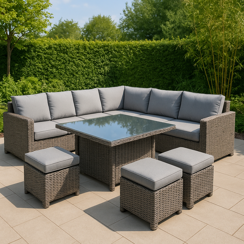 Conjunto de Sofá Esquinero Exterior de Ratán Sintético Gris con Mesa de Vidrio Templado y Pufs