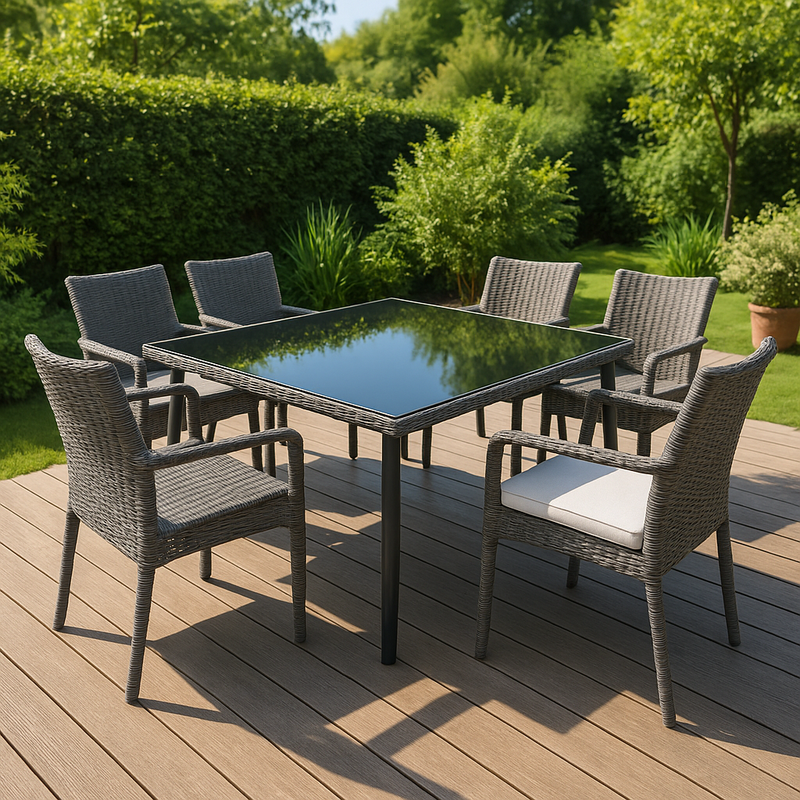 Mesa Cuadrada de Jardín en Cristal Templado y Rattan Sintético Gris con 6 Sillas