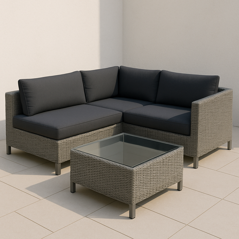 Juego de Sofá Esquinero Exterior Ratán Sintético Gris/Negro con Mesa de Vidrio 2 Piezas