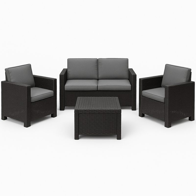 Conjunto de muebles de jardín 4 piezas ratán sintético negro cojines gris poliéster sofás mesa sillones