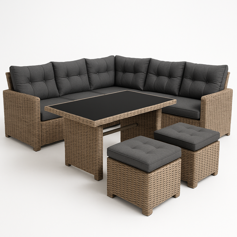 Juego de Sofás Rinconero de Ratán Sintético Marrón/Negro con Reposapiés y Mesa Vidrio Templado