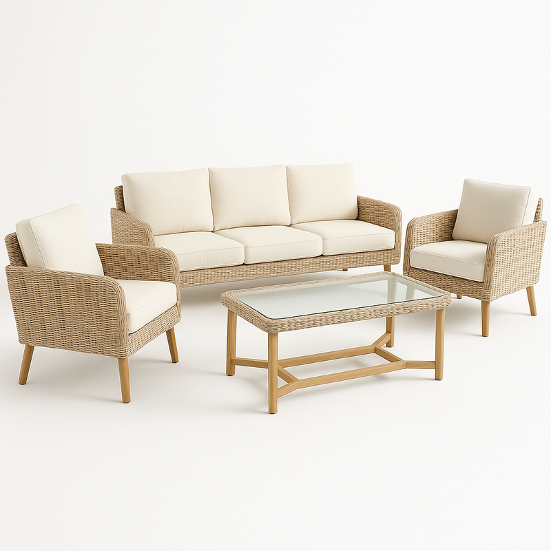 Set de Muebles de Jardín 4 Piezas Ratán Crema Cojines Tela Vidrio Templado