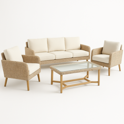 Set de Muebles de Jardín 4 Piezas Ratán Crema Cojines Tela Vidrio Templado