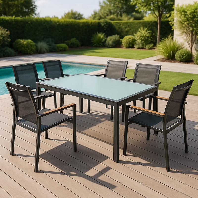 Conjunto de comedor exterior de aluminio vidrio templado 6 sillas