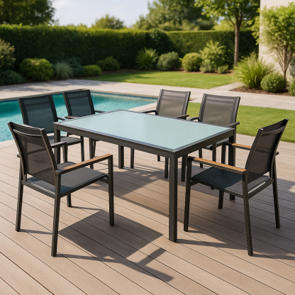 Conjunto de comedor exterior de aluminio vidrio templado 6 sillas