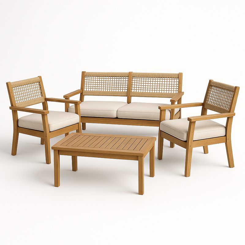 Conjunto de Muebles de Jardín Madera Maciza/Beige Tela Sofá Sillones y Mesa