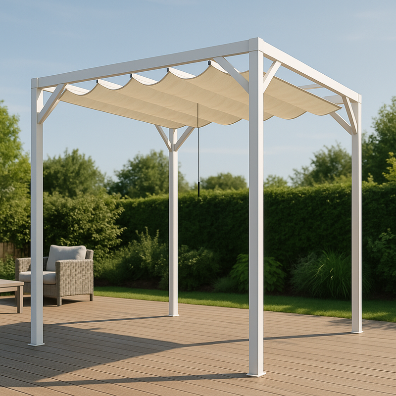 Pergola de aluminio blanco con techo retráctil de poliéster 300x300x280 cm