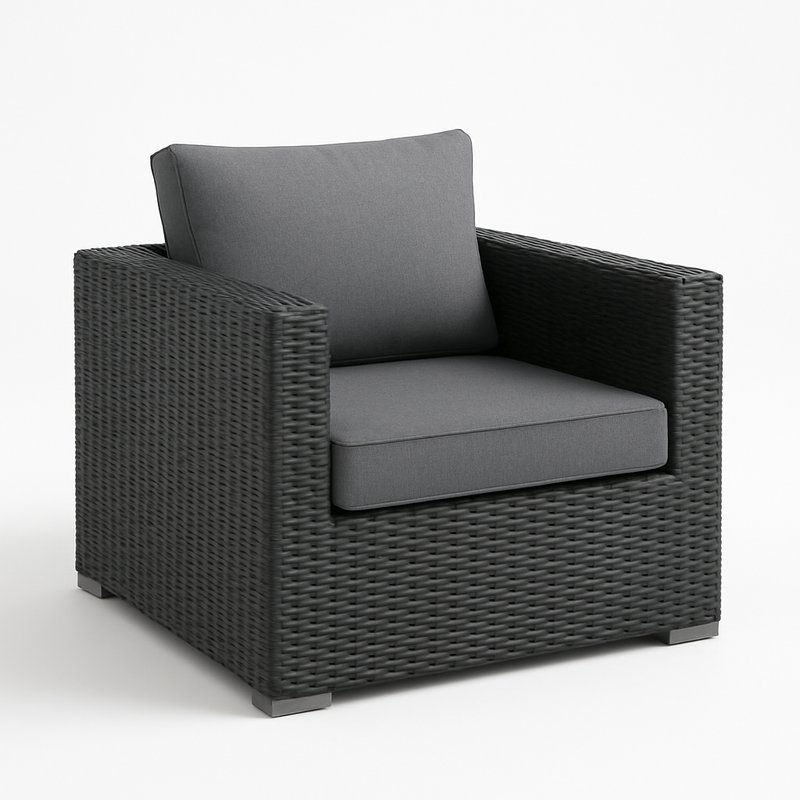 Sillón al Aire Libre de Ratán Sintético Negro con Cojines Grises 90x85x80 cm