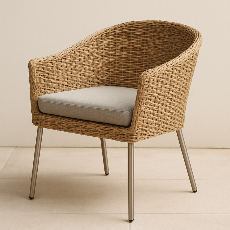 Sillón de Ratán Sintético Beige con Patas de Metal y Cojín Gris Claro