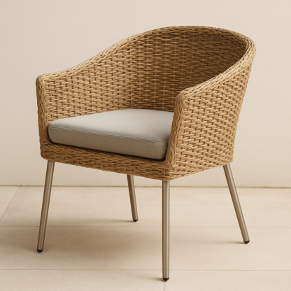 Sillón de Ratán Sintético Beige con Patas de Metal y Cojín Gris Claro