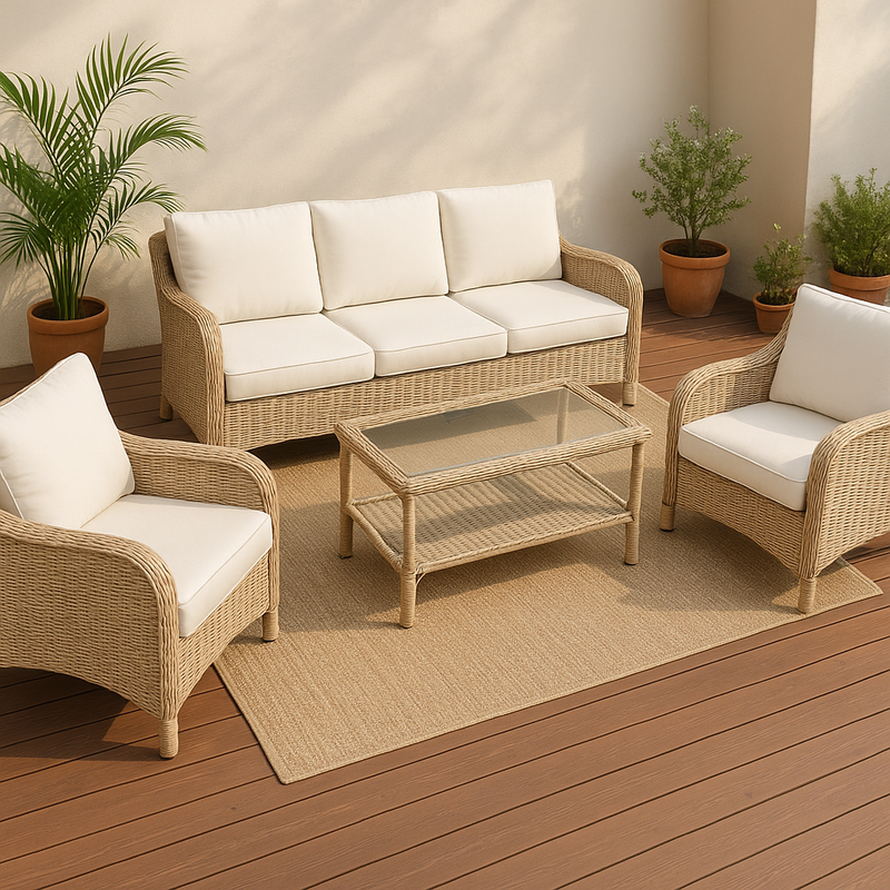 Juego de Muebles de Jardín Conjunto de Sofá de Ratán Beige con Cojines de Tela Cremosa Mesa de Vidrio Templado
