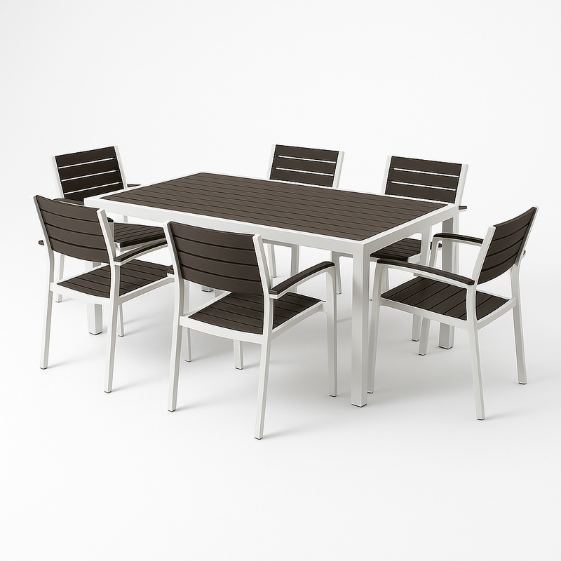 Juego de comedor exterior mesa rectangular 6 sillas aluminio marrón/blanco madera sintética 150x90x75 cm
