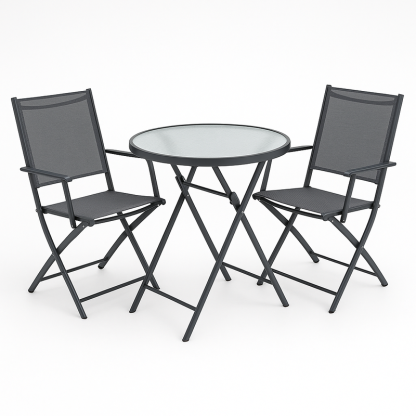 Juego de mesa redonda de vidrio templado transparente con dos sillas plegables de textileno gris aluminio para jardín 60x60x70 cm