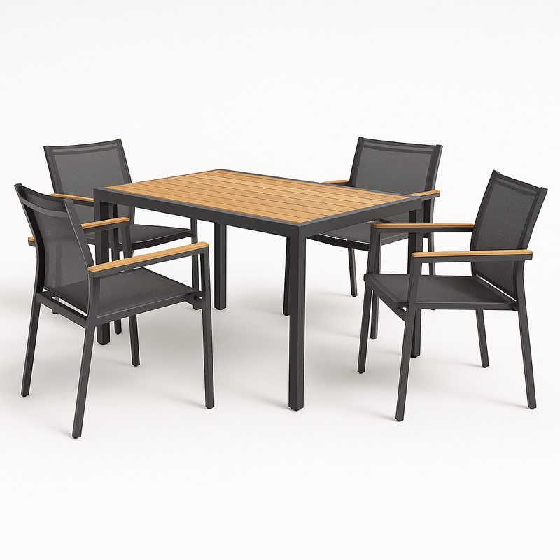 Juego de comedor de exterior cuadrado de aluminio con mesa y 4 sillas - Negro y madera de acacia