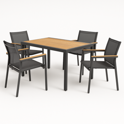 Juego de comedor de exterior cuadrado de aluminio con mesa y 4 sillas - Negro y madera de acacia