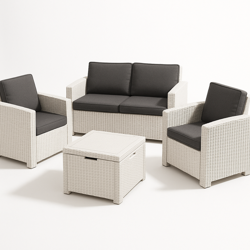 Juego de Muebles de Jardín de Ratán Sintético Blanco Cojines Grises 4 Piezas