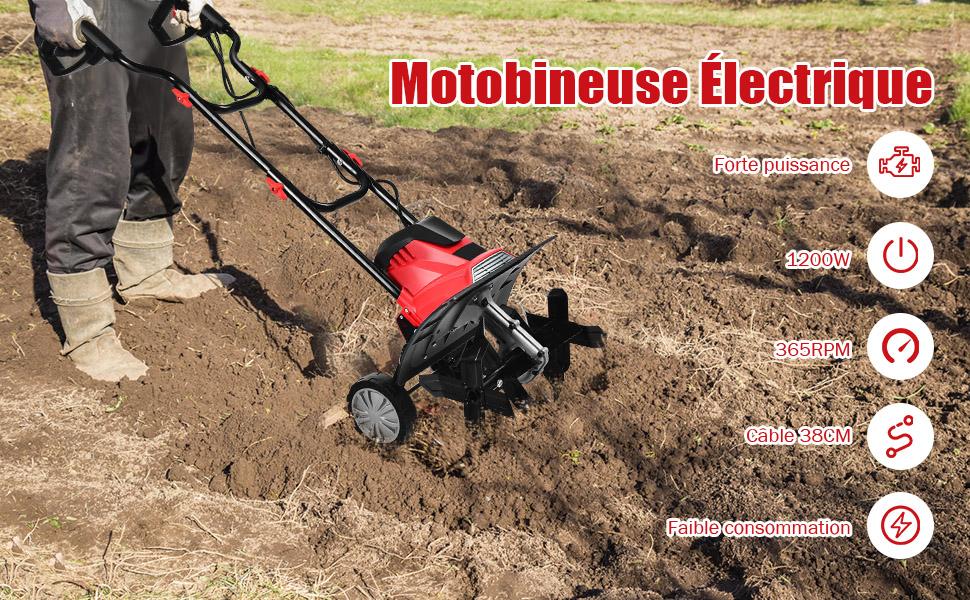 Motobineuse Motoculteur Électrique 1200W Profondeur Travail 22CM Largeur 35CM avec Poignée Pliable Roues Réglables 4 Lames