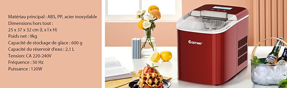 Machine a Glacons 12KG/24H 2 Tailles de Glacons 2,1L Reservoir 9pcs en 7 Minutes Pelle Panier Amovible Comptoir Maison Rouge