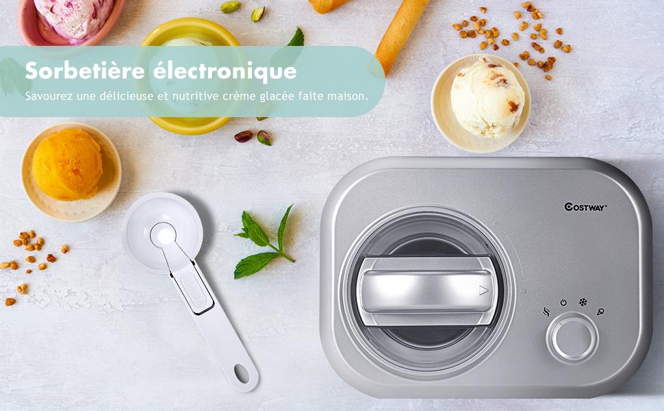  Sorbetiere Turbine a Glace 1L Puissance 100W a Compresseur avec Cuillere 3 Modes de Fonctionnement Argent
