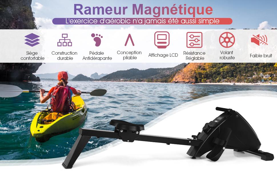 Rameur dAppartement Pliable a Resistance 10 Niveaux Noir avec Ecran LCD Charge Max 120KG Musculation des Bras et Cardio-Training