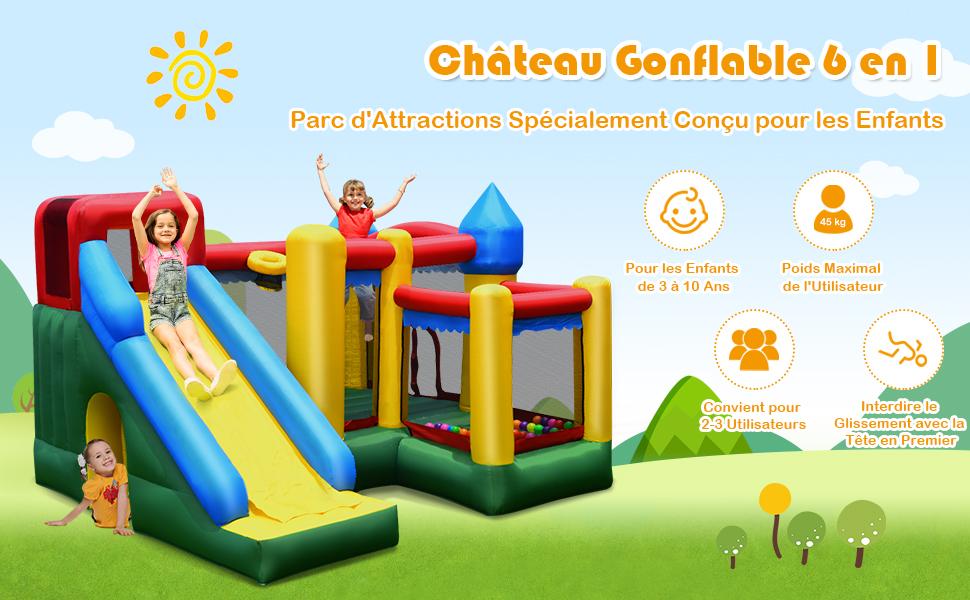 Chateau Gonflable 4 en 1 pour Enfant 3-10 Ans avec Toboggan Aire de Saut Mur d鈥橢scalade Panier de Basketball