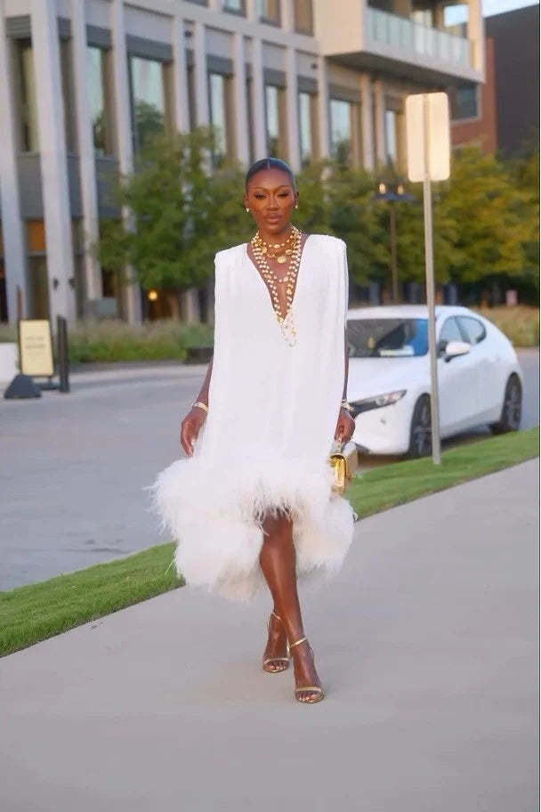 Elegant Sleeveless White Feather Patchwork Irregular Hem Midi Dress