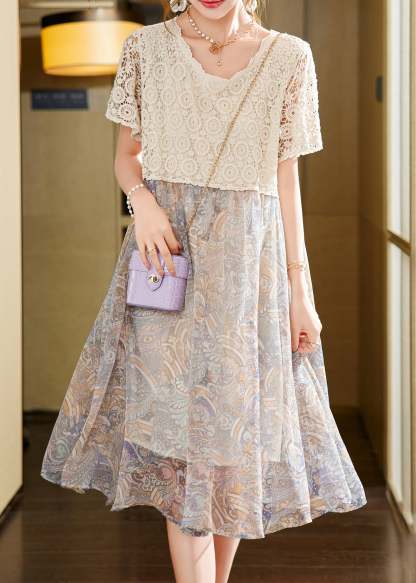 Classy Beige Hollow Out Lace Chiffon Patchwork Dress Summer