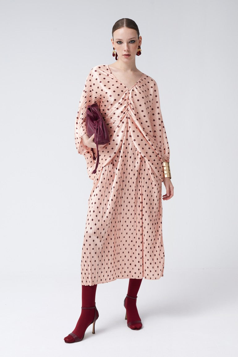 Betty Rosa Pink Polka Dot V-Neck Drape Midi Dress