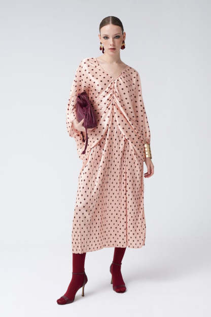 Betty Rosa Pink Polka Dot V-Neck Drape Midi Dress