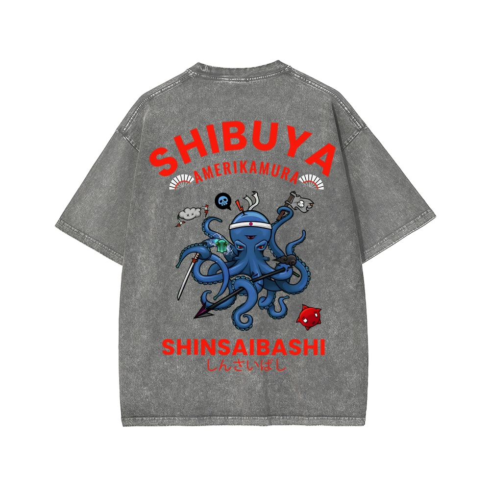 Shibuya Octopus Vintage Front And Back Printing Washed T-shirt