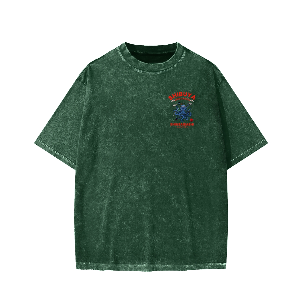 Shibuya Octopus Vintage Front And Back Printing Washed T-shirt