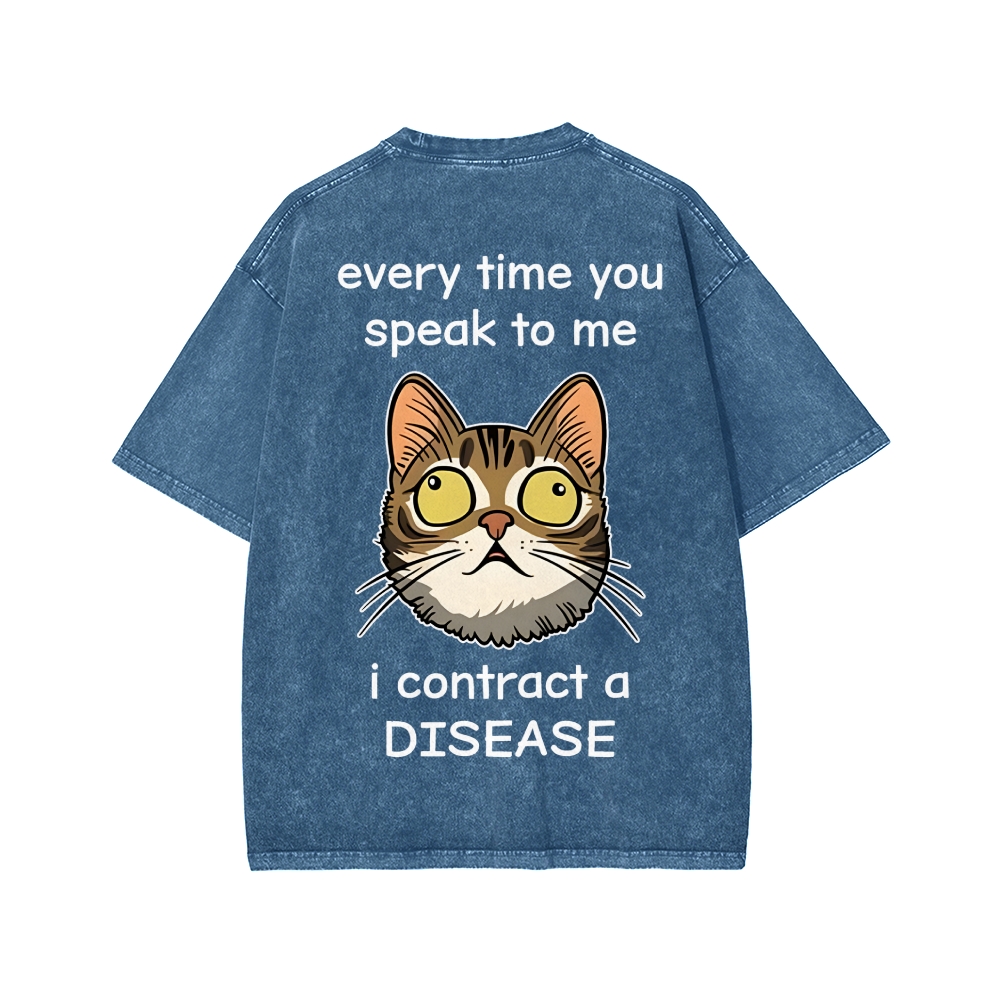 Funny Cat Rolling Eyes Front And Back Printing Washed T-shirt