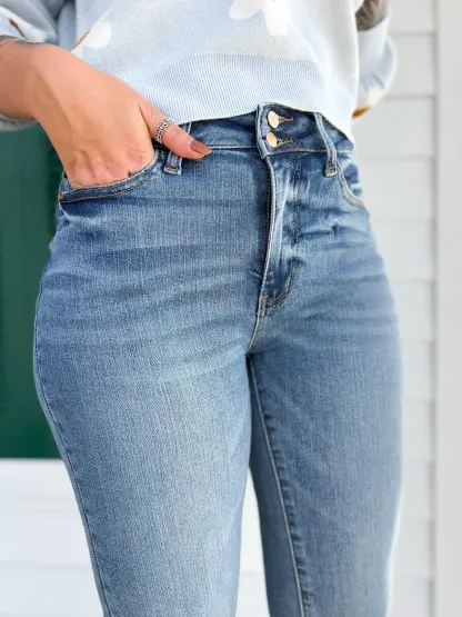 Judy Vintage Double Button Frayed Hem Bootcut Jeans (Buy 2 Free Shipping)