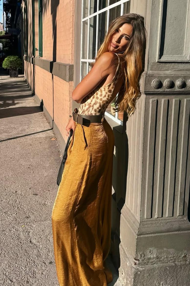 Leopard Pattern Bodysuit & Satin Wide Leg Pants