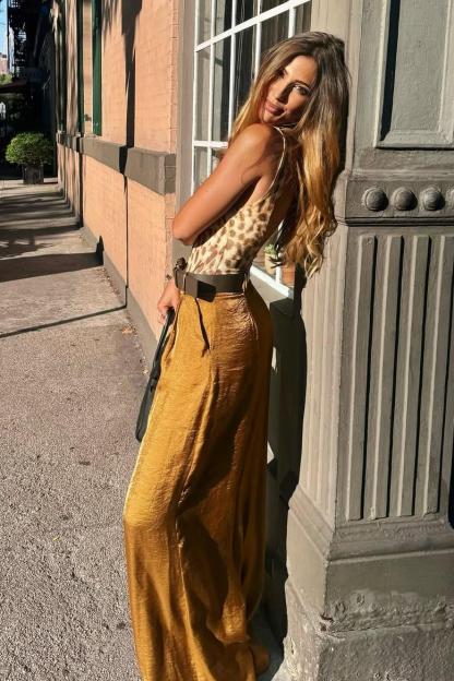 Leopard Pattern Bodysuit & Satin Wide Leg Pants